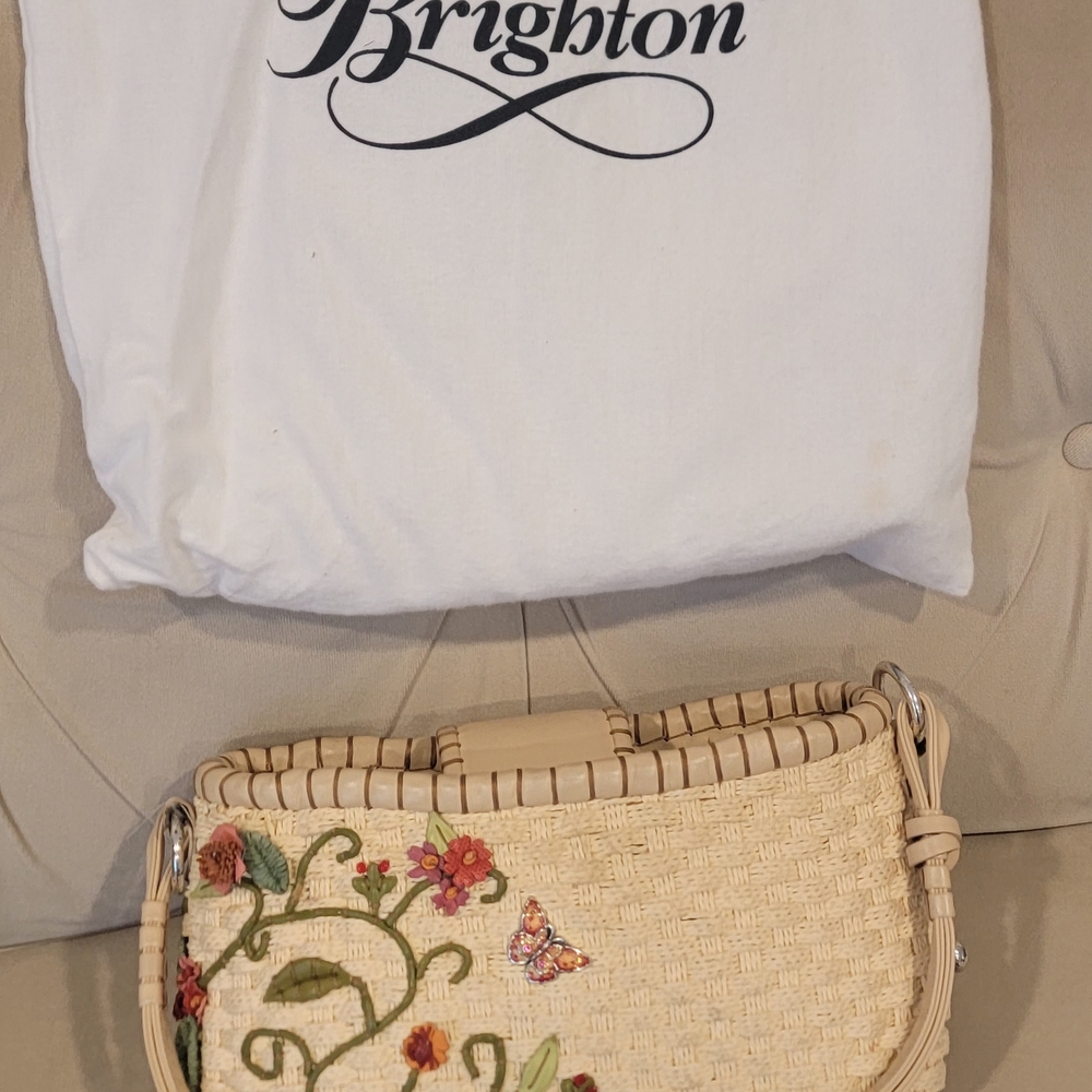 Brighton Tan Woven Bag with Floral Embroidery